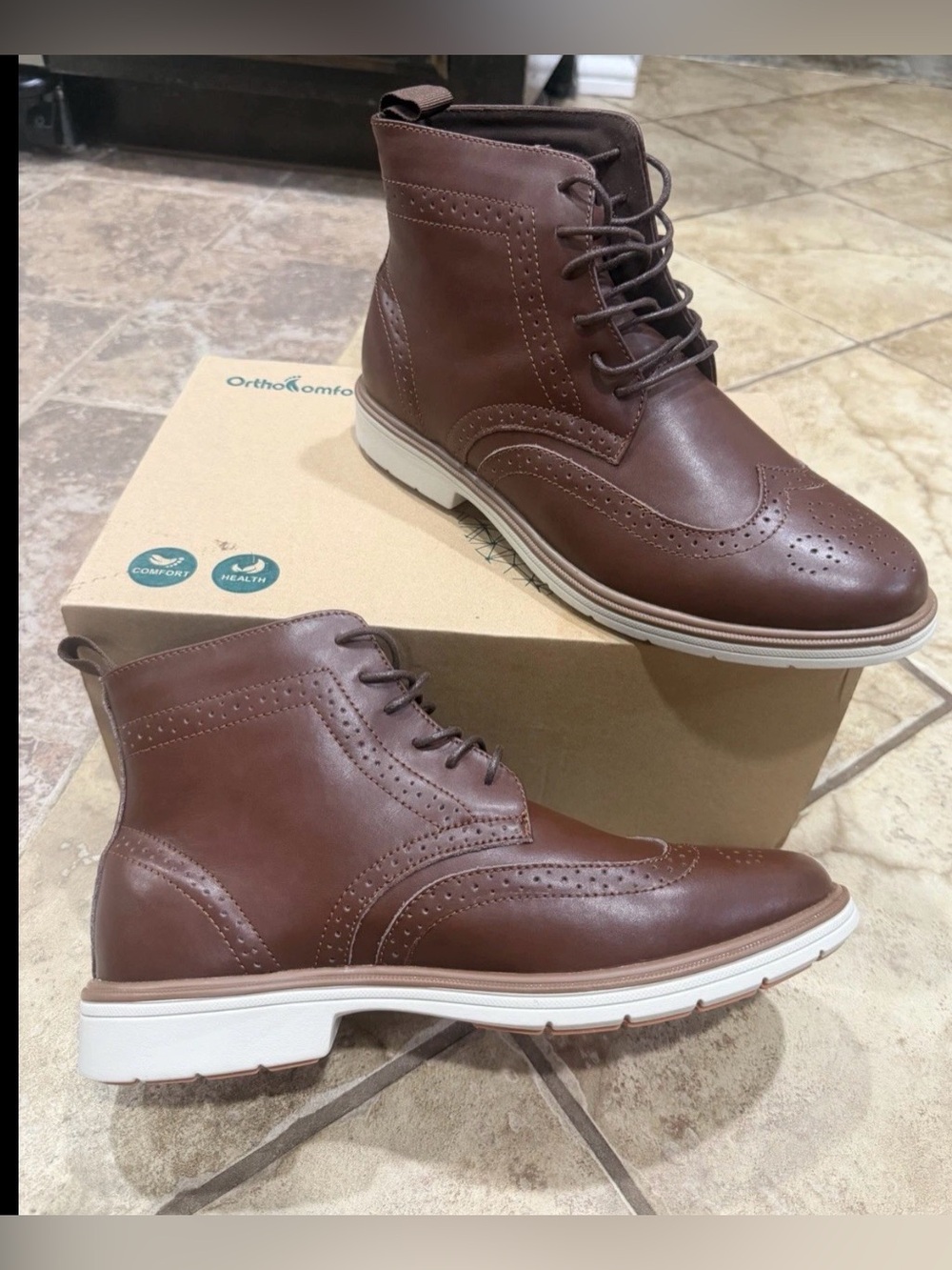 OrthoComfoot Men’s Orthopedic Leather Wingtip Boots Brown Size 9 New Retail $160